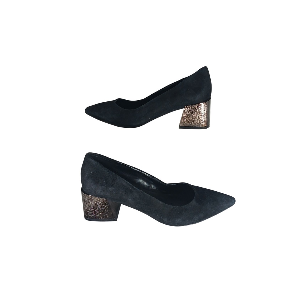 Bleecker & Bond Yasmine Black‎ Suede Metallic Block Heel Pumps Womens 6.5M